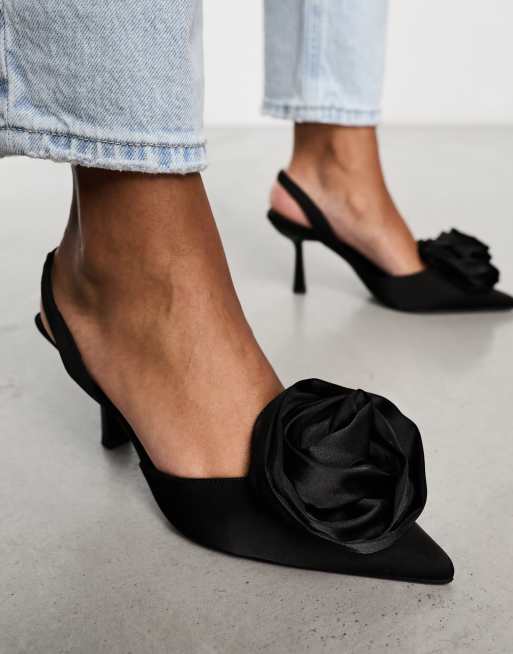 ASOS DESIGN Sia corsage slingback mid heeled shoes in black