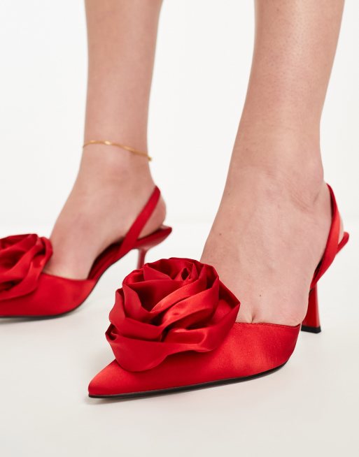 ASOS DESIGN Sia corsage slingback mid heeled shoes in red ASOS