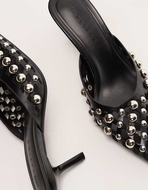 ASOS DESIGN Sia embellished cut-out detail kitten heel mules in black, 3 of 4