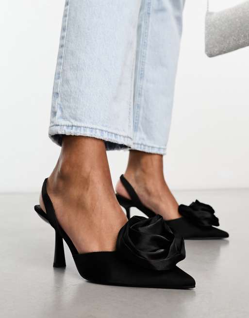 ASOS DESIGN - Sia - Slingback-schoenen met halfhoge hak en corsage in zwart