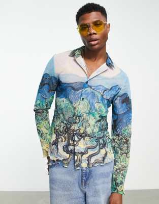 ASOS DESIGN – Siateczkowa koszula ze stretchem o obcisłym kroju z nadrukiem obrazu Van Gogha