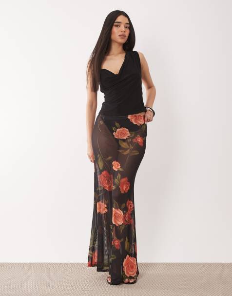 ASOS DESIGN – Siateczkowa prześwitująca spódnica maxi w patchworkowy kwiatowy wzór - view 1
