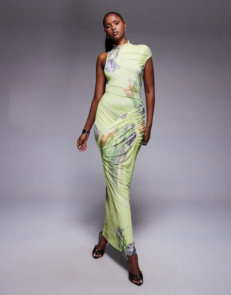ASOS DESIGN printed mesh one shoulder capped sleeve maxi dress with high neck in botanical floral print