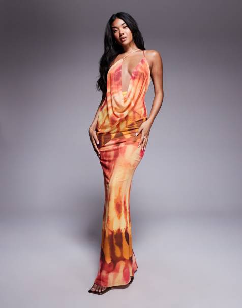 ASOS DESIGN  printed mesh strappy one shoulder maxi dress in burn out print
