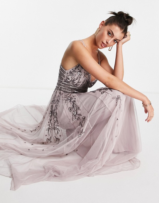  Cieszyć Się ASOS DESIGN – Siateczkowa sukienka maxi na ramiączkach ze zdobieniami w kwiaty FioletoworÓżowy