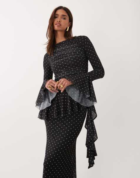 ASOS DESIGN – Siateczkowa sukienka maxi w groszki z marszczeniem i falbankami - view 1