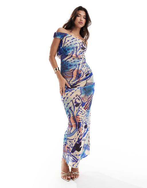 ASOS DESIGN – Siateczkowa sukienka maxi z bardzo luźnym dekoltem bardot i marszczoną spódnicą w malowany abstrakcyjny wzór