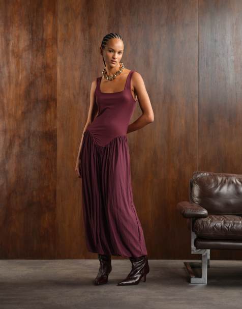 ASOS DESIGN maxi mesh bubble hem square neck dress in fig