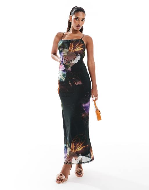 ASOS DESIGN – Siateczkowa sukienka maxi z dekoltem karo, paseczkami na plecach i nadrukiem roślin pod wodą