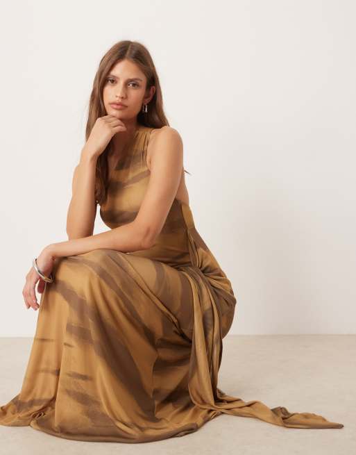 ASOS DESIGN – Siateczkowa sukienka maxi z drapowaną szarfą i wiązaniem w talii w rozmyty zwierzęcy wzór