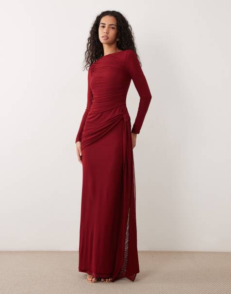 ASOS DESIGN siateczkowa sukienka maxi z długim rękawem w kolorze wina - view 1