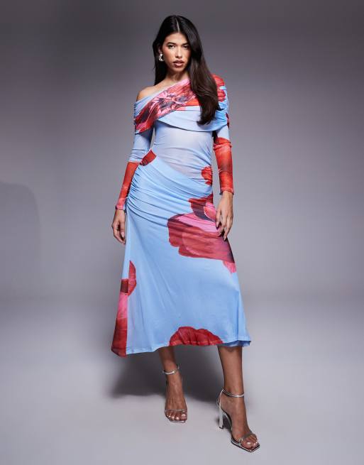 ASOS DESIGN – Siateczkowa sukienka maxi z długimi rękawami i luźnym dekoltem bardot w kwiatowy wzór