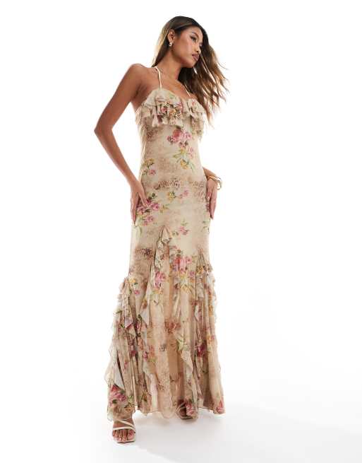 ASOS DESIGN – Siateczkowa sukienka maxi z miseczkami z falbankami i godetami w zwierzęcy wzór