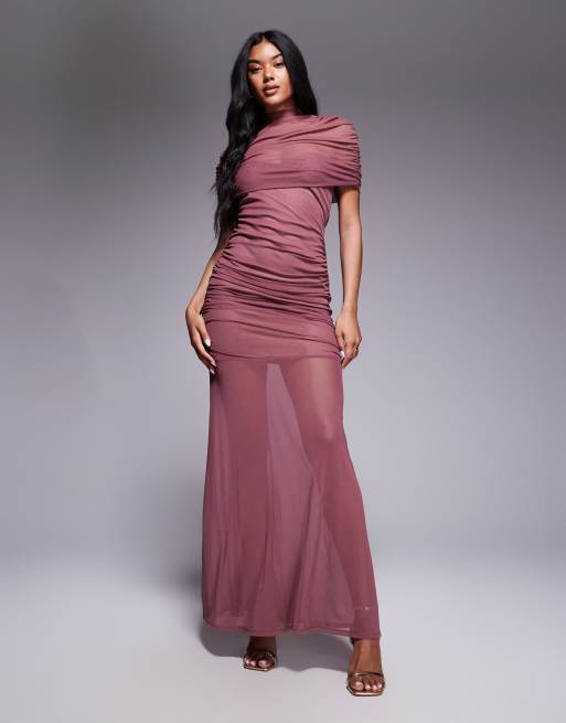 ASOS DESIGN – Siateczkowa sukienka maxi z narzutką z zabudowanym dekoltem w kolorze zgaszonego różu