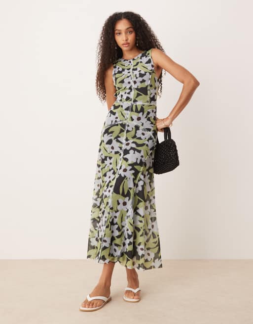ASOS DESIGN – Siateczkowa sukienka maxi z wyeksponowanymi szwami w ciemny abstrakcyjny wzór kwiatowy