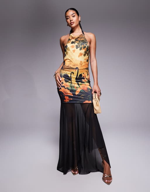 ASOS DESIGN – Siateczkowa sukienka maxi z zabudowanym dekoltem halter we wzór z łabędziami z prześwitującą spódnicą