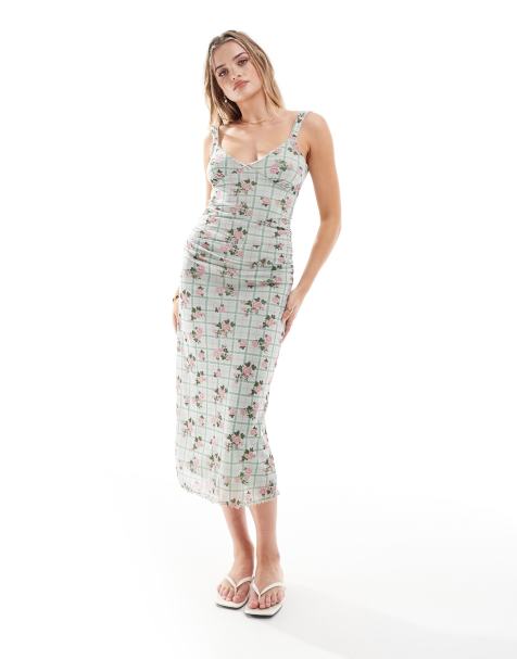 ASOS DESIGN – Siateczkowa sukienka midi na ramiączkach z ozdobnymi szwami na dekolcie w kwiatowy wzór - view 1