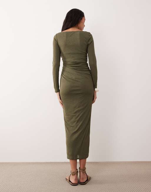 ASOS DESIGN – Siateczkowa sukienka midi w kolorze khaki, 4 z 4