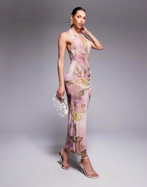 ASOS DESIGN – Siateczkowa sukienka midi z dekoltem typu halter i spódnica z szarfą w pastelowy kwiatowy wzór