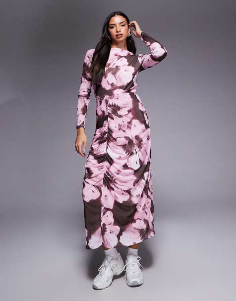 ASOS DESIGN mesh long sleeve seam detail midi dress in mono abstract print