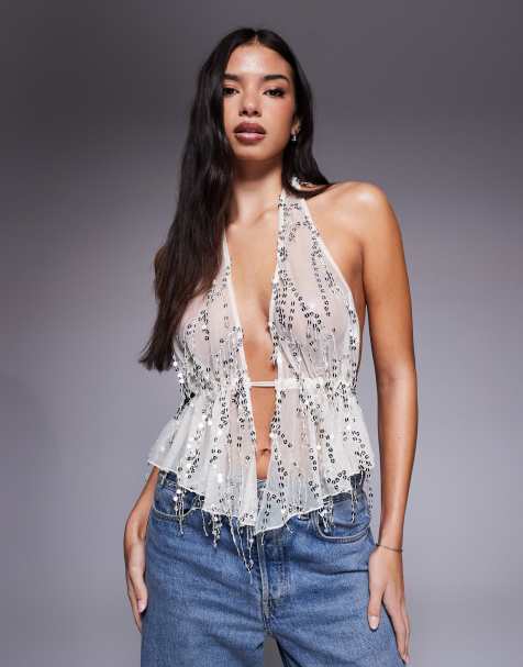 ASOS DESIGN scatter sequin mesh halter top in cream