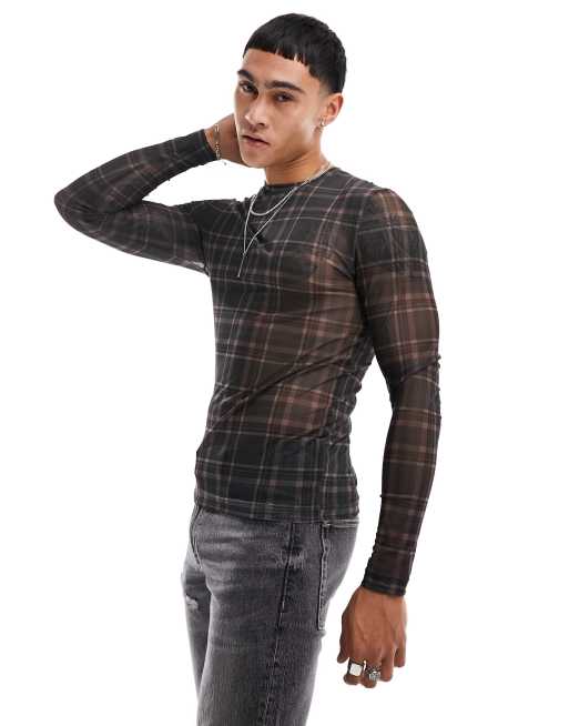 ASOS DESIGN – Siateczkowy T-shirt w szkocką kratę z długimi rękawami o kroju podkreślającym sylwetkę