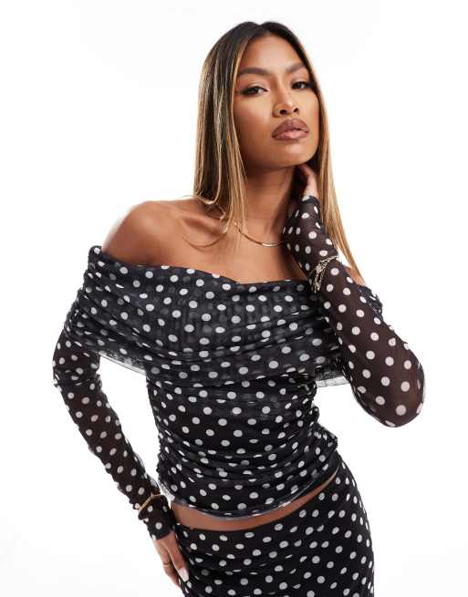 ASOS DESIGN – Siateczkowy top bardot w groszki, część zestawu