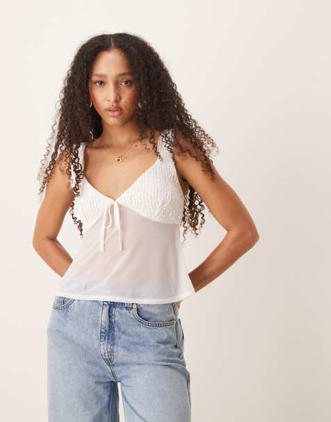 ASOS DESIGN mesh cami top with bow detail in ivory