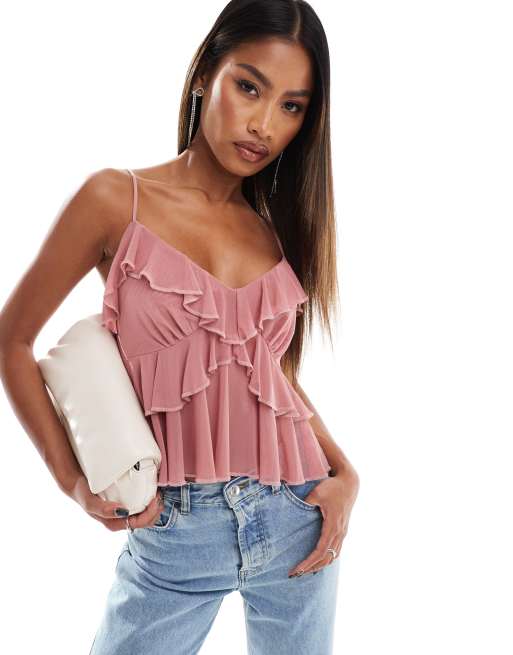 ASOS DESIGN – Siateczkowy top na ramiączkach, z falbankami, w kolorze zgaszonego różu