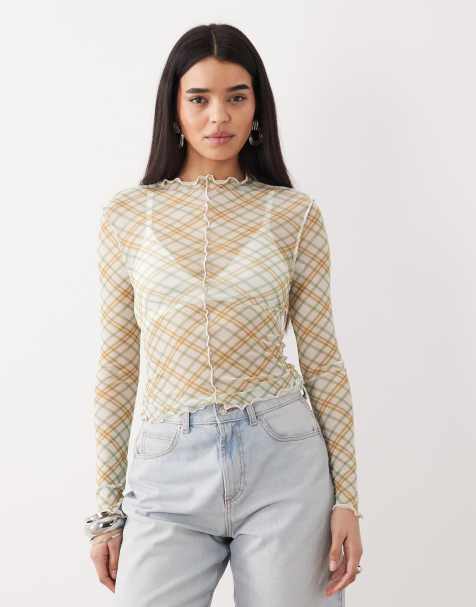 ASOS DESIGN – Siateczkowy top z długimi rękawami i karbowanym brzegiem w zieloną kratę - view 1