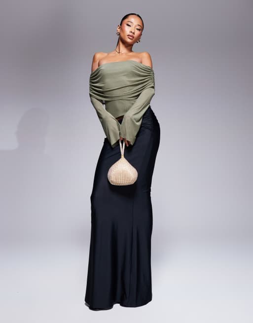 ASOS DESIGN – Siateczkowy top z rozkloszowanymi rękawami i odsłoniętymi ramionami w kolorze khaki