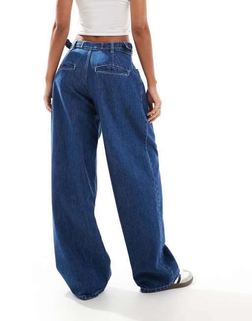 【DISCERNMENT】S/S wide fit indigo linen denim jeans ASOS DESIGN side cinch jeans in indigo | ASOS