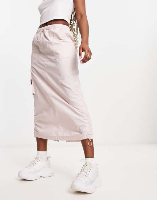 ASOS DESIGN side ruched cargo maxi skirt in pink | ASOS