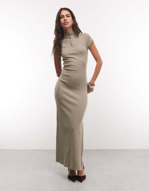 ASOS DESIGN Side ruched maxi dress in Khaki, 2 of 4