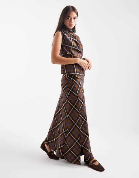 ASOS DESIGN side slit maxi skirt in brown check - part of a set - view 1