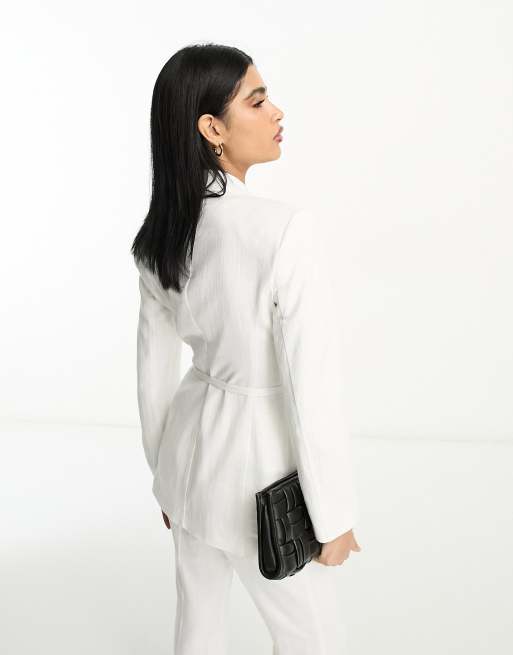 ASOS DESIGN side tie suit blazer with linen in white, 3 of 4