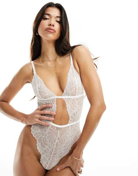 WHITE Lace ribbon cup crotchless bodysuit