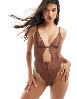 Asos Design Sienna Lace Soft Bodysuit In Chocolate-brown