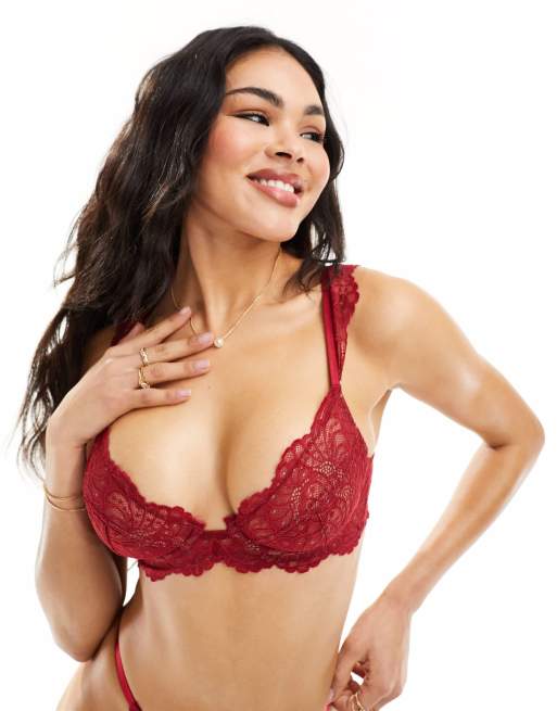 ASOS DESIGN - Sienna - Soutien-gorge balconnet en dentelle avec volants - Bordeaux