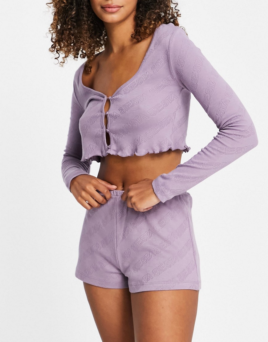 ASOS DESIGN siesta pointelle button up long sleeve top & short pajama set in lilac-Purple