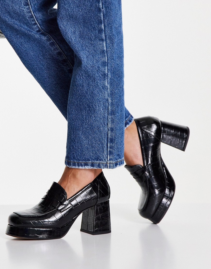 ASOS DESIGN Signature platform heeled loafer in black croc