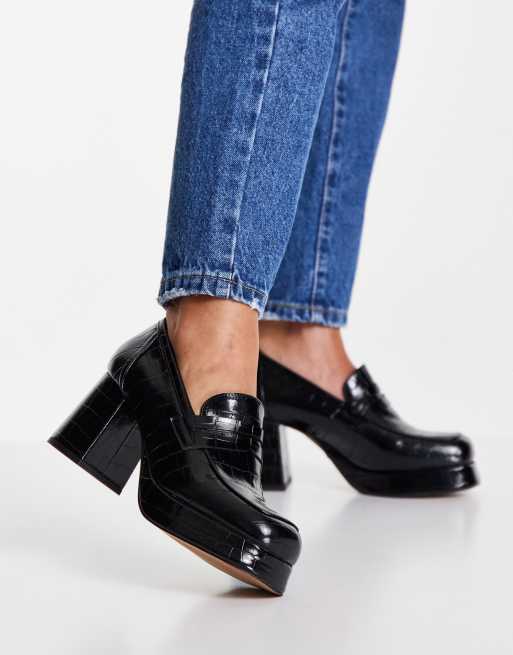 ASOS DESIGN - Signature - Sorte loafers med plateauhæl og krokodillemønster, 3 af 4
