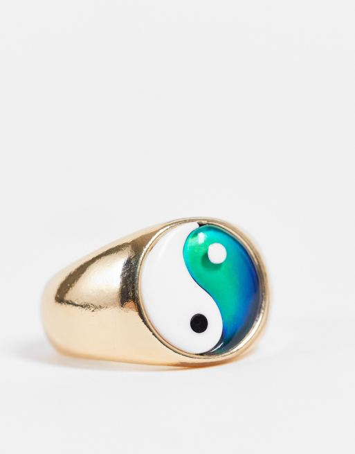 ASOS DESIGN signet mood ring with yin-yang design in gold tone