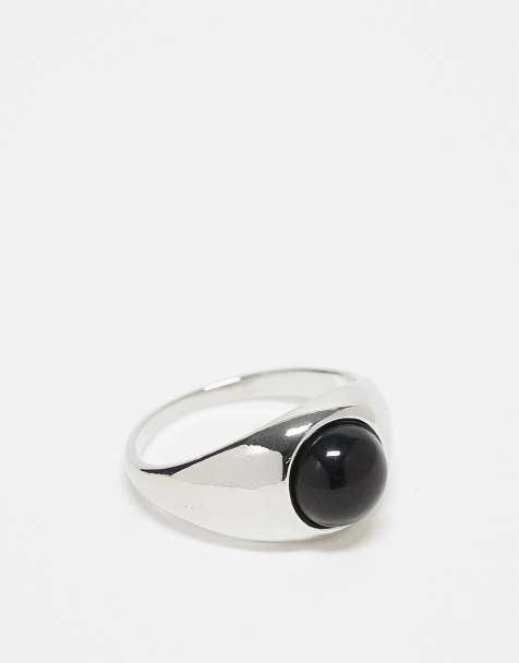 ASOS DESIGN signet ring with black agate stone in silver tone - view 1