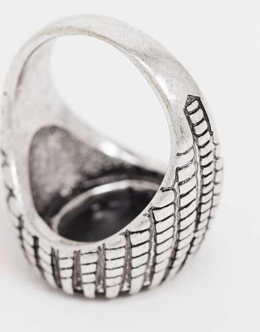 Asos Design Signet Ring With Black Onyx Stone In Silver Tone Asos