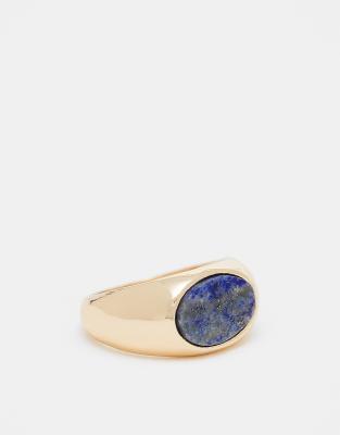 signet ring with blue lapis stone in gold tone
