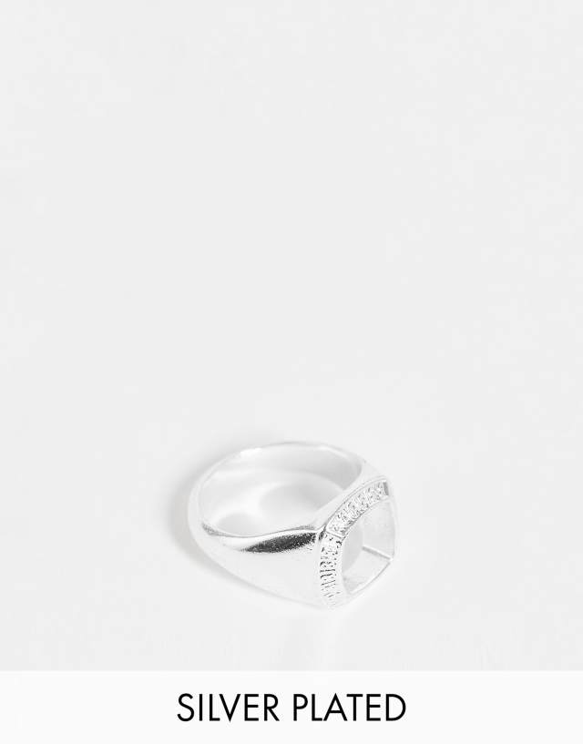 ASOS DESIGN signet ring with cut out and deboss in real silver plate