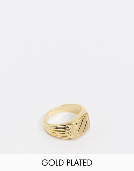 ASOS DESIGN signet ring with cutwork detail in 14k gold plate