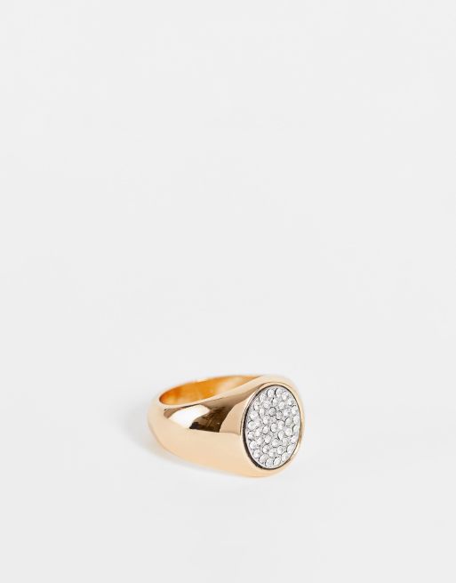 ASOS DESIGN signet ring with diamante detail in gold tone