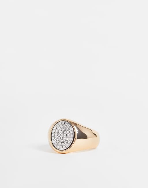 ASOS DESIGN signet ring with diamante detail in gold tone, 2 of 4
